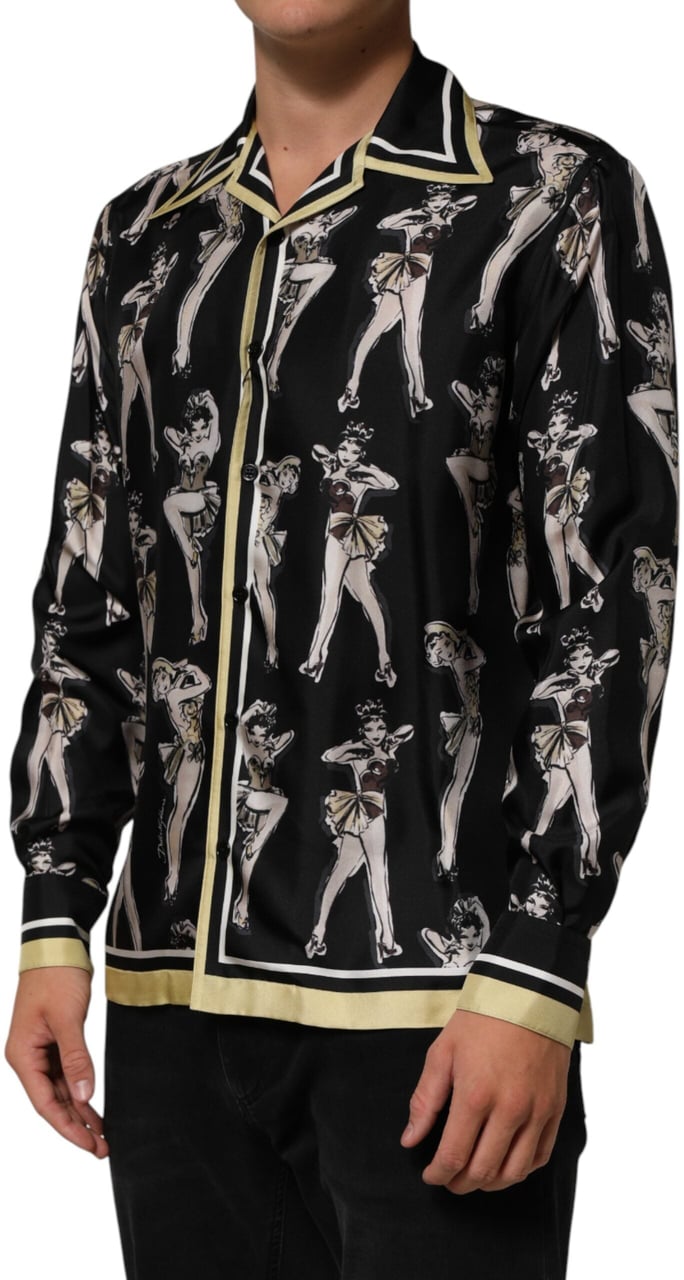 Dolce & Gabbana Black Silk Pin Up Printed Button Down Shirt Zwart