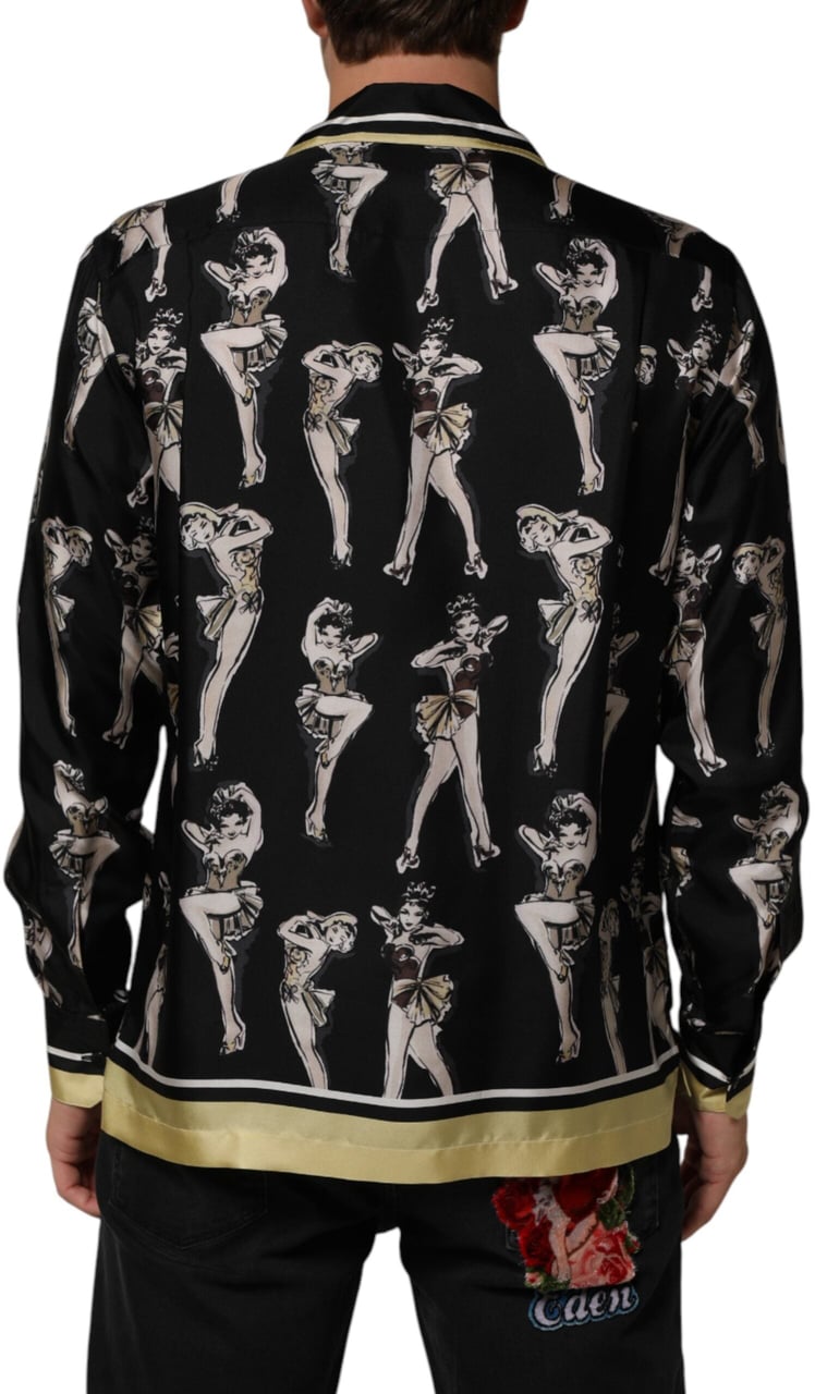 Dolce & Gabbana Black Silk Pin Up Printed Button Down Shirt Zwart