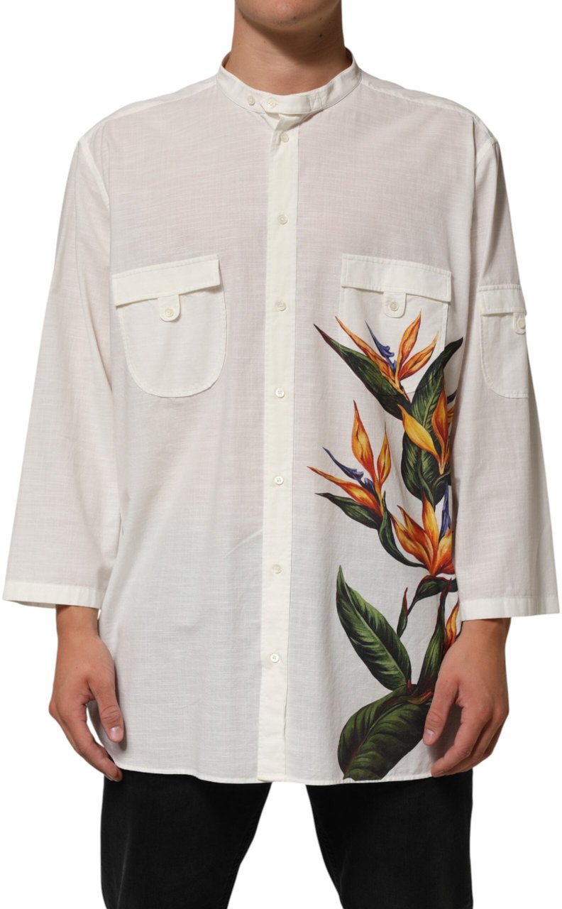 Dolce & Gabbana White Cotton Floral Print Button Down Shirt Wit