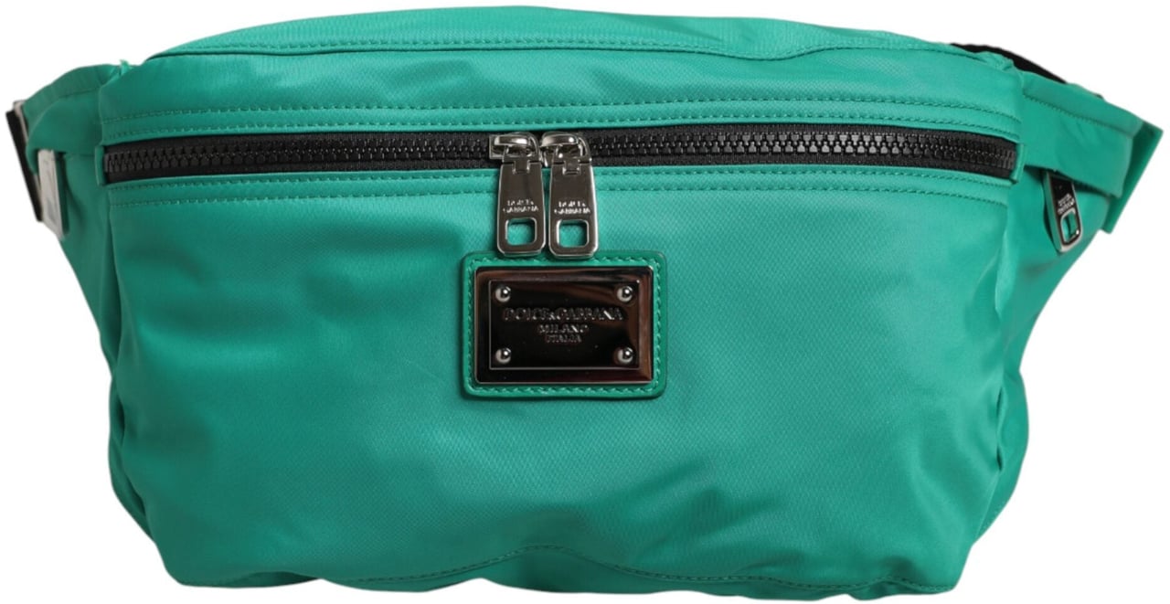 Dolce & Gabbana Green Logo Plaque Nylon Waist Fanny Pack Men's Borse Bag Zwart