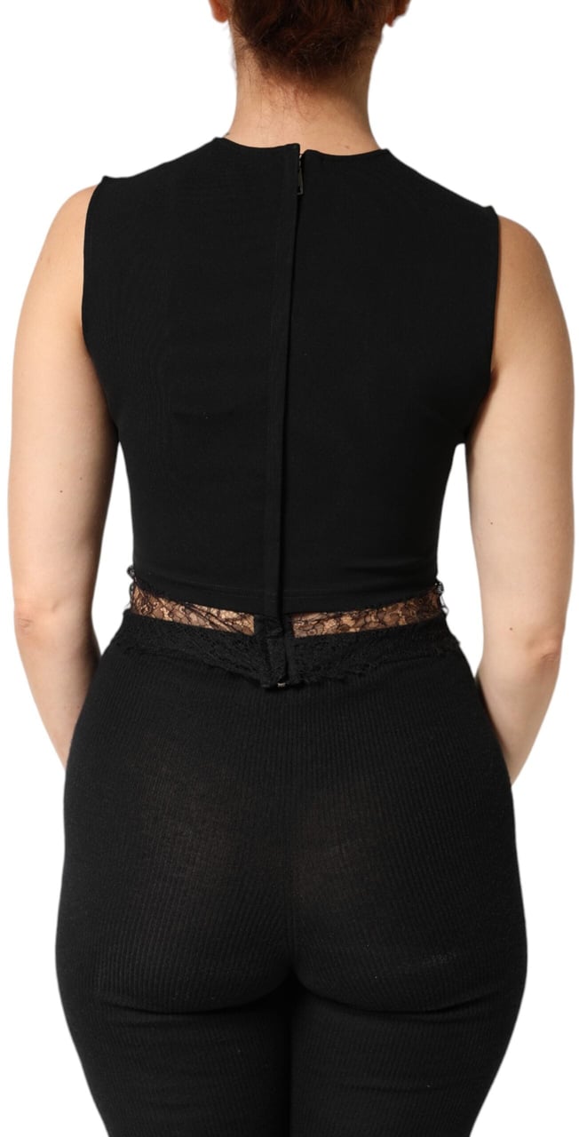 Dolce & Gabbana Black Jersey Lace Ruching Rhinestone Tank Top Zwart