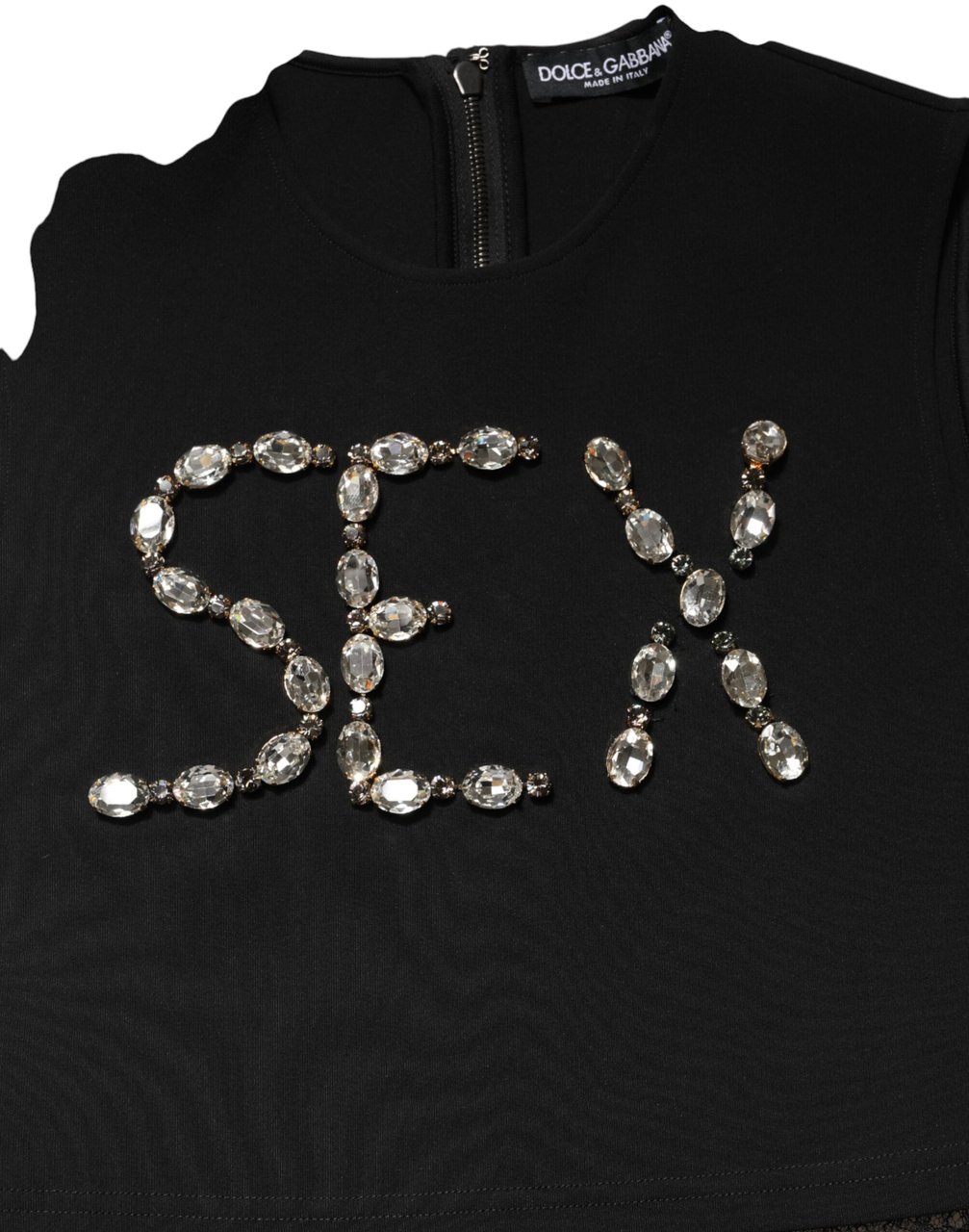 Dolce & Gabbana Black Jersey Lace Ruching Rhinestone Tank Top Zwart