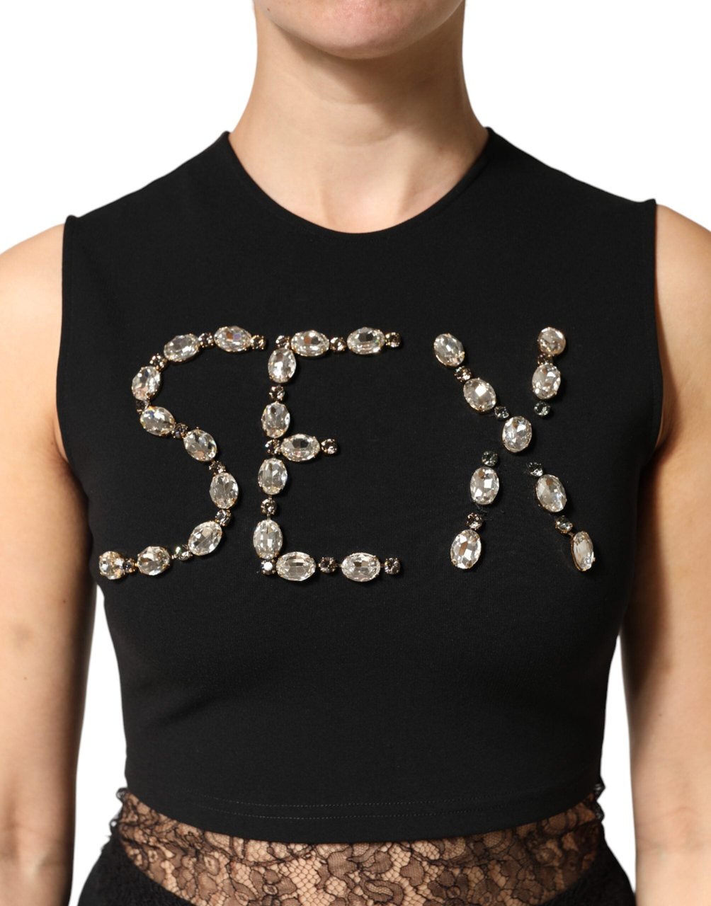 Dolce & Gabbana Black Jersey Lace Ruching Rhinestone Tank Top Zwart