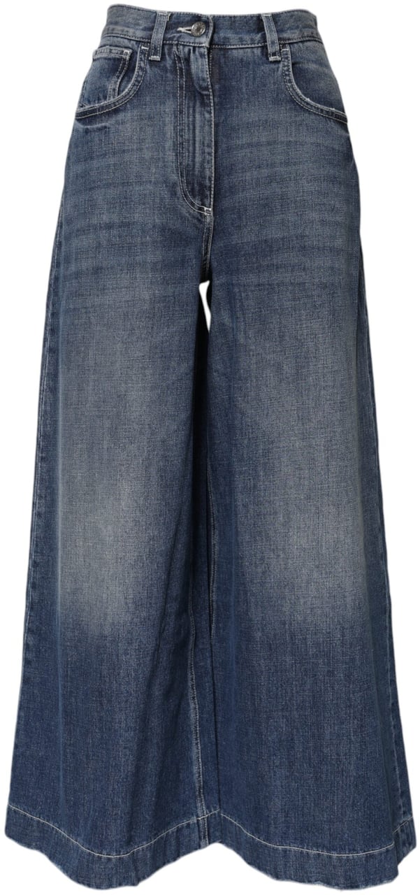 Dolce & Gabbana Blue Cotton High Waist Wide Leg Denim Jeans Blauw