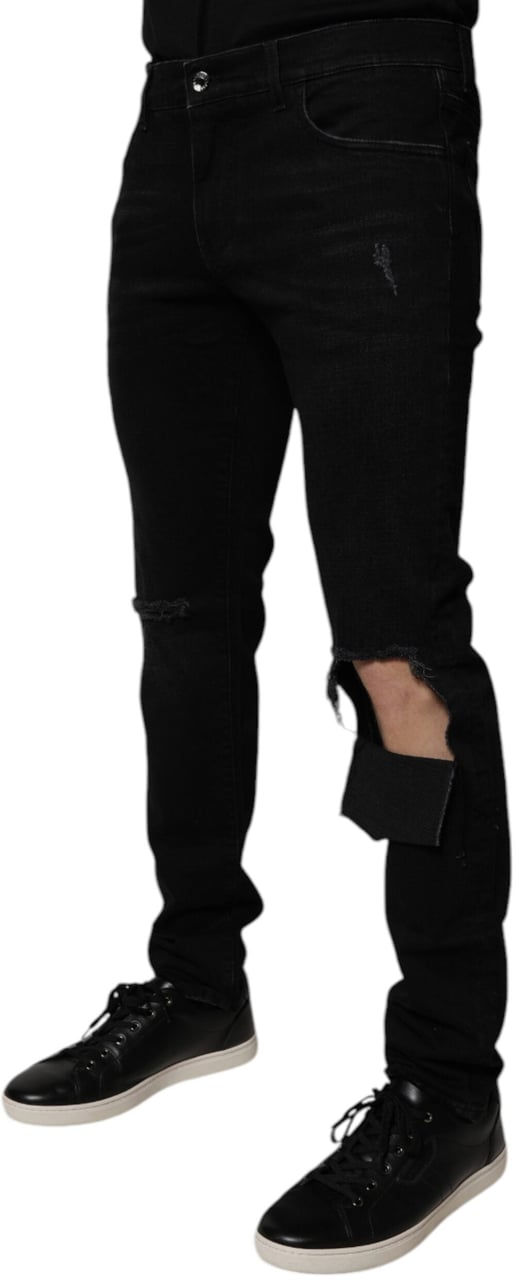 Dolce & Gabbana Black Ripped Cotton Skinny Men Denim Jeans Zwart