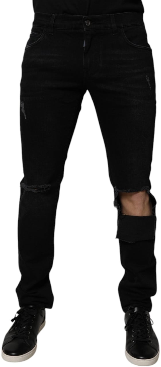 Dolce & Gabbana Black Ripped Cotton Skinny Men Denim Jeans Zwart