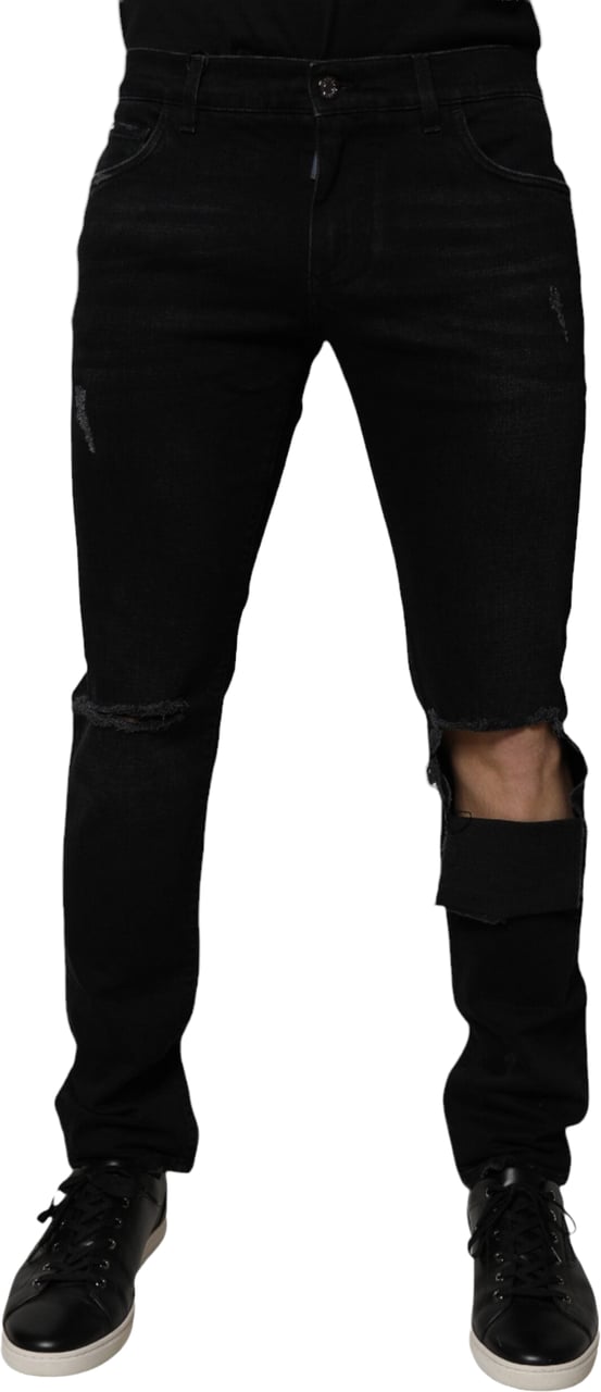 Dolce & Gabbana Black Ripped Cotton Skinny Men Denim Jeans Zwart