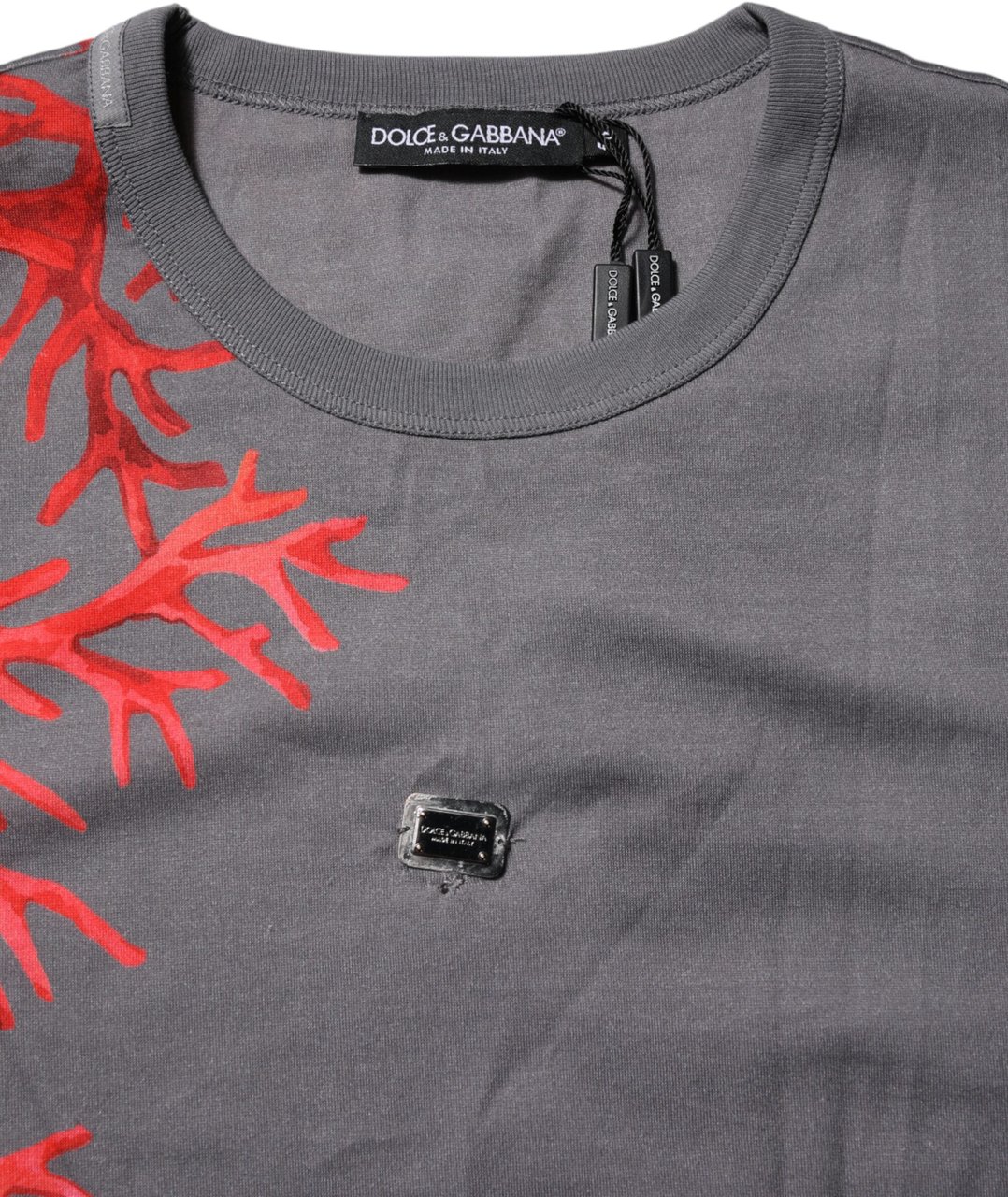 Dolce & Gabbana Gray Cotton Coral Print Logo Plaque T-shirt Zwart