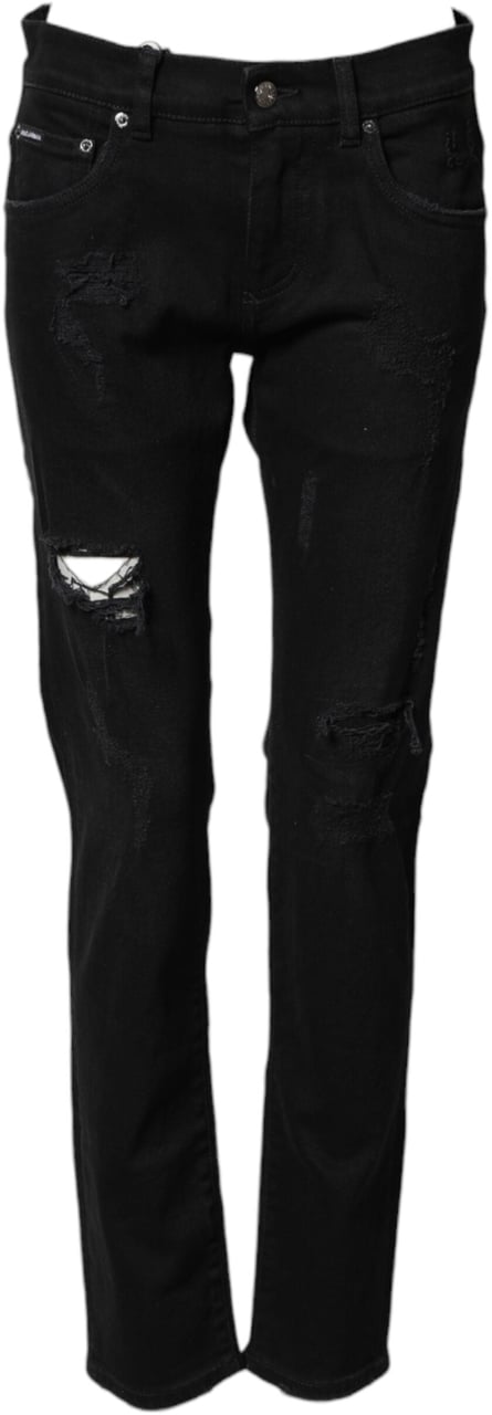 Dolce & Gabbana Black Tattered Cotton Men Skinny Denim Jeans Zwart