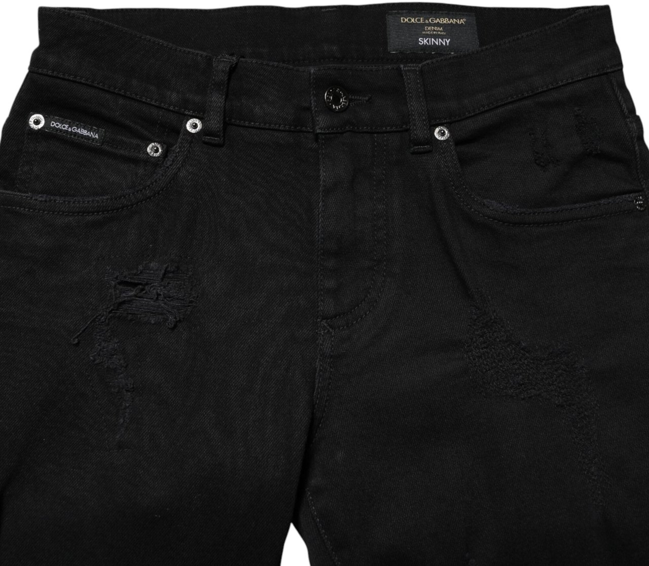 Dolce & Gabbana Black Tattered Cotton Men Skinny Denim Jeans Zwart