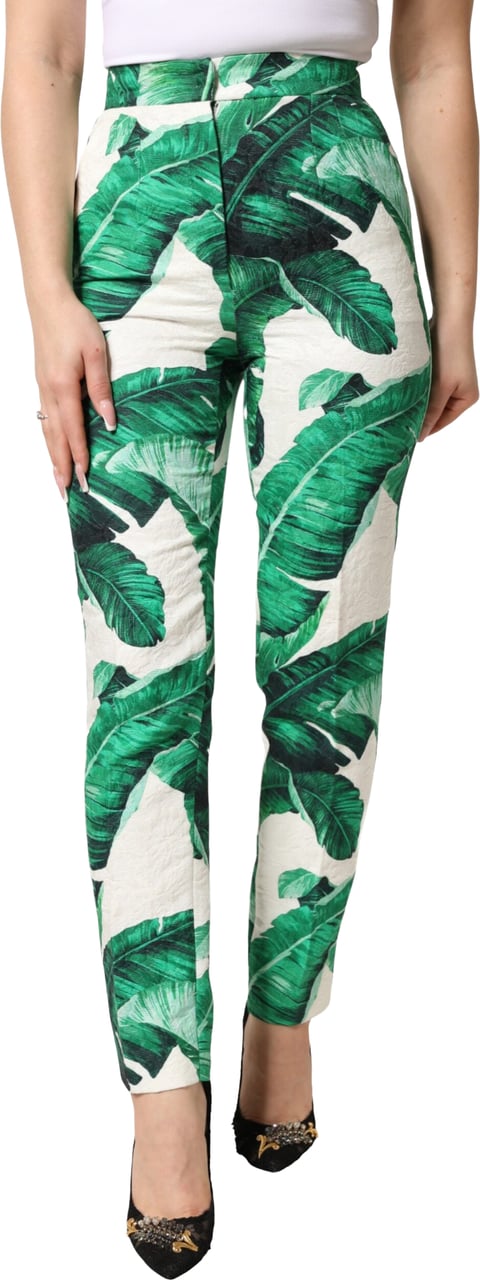 Dolce & Gabbana White Green Leaf High Waist Trousers Pants Wit