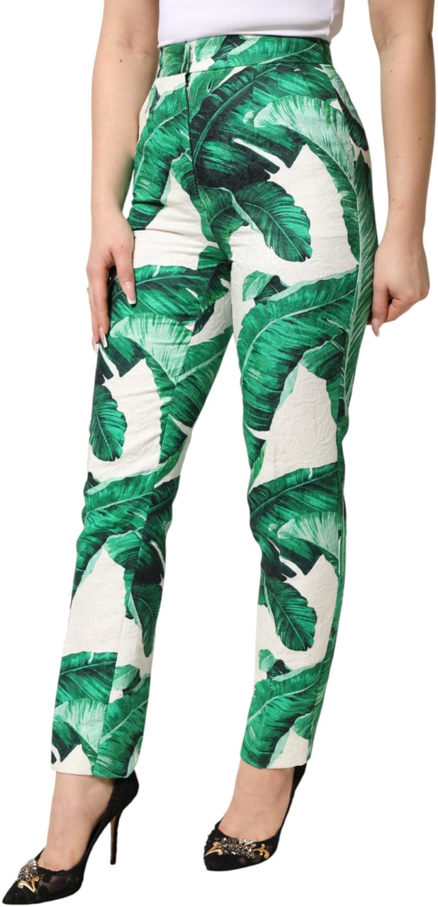 Dolce & Gabbana White Green Leaf High Waist Trousers Pants Wit
