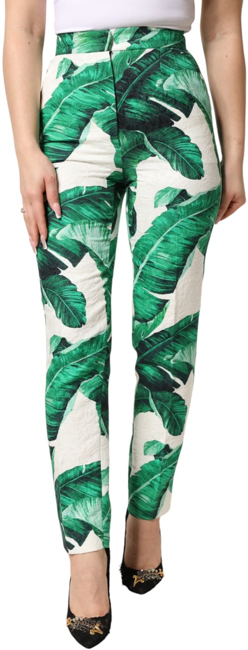 Dolce & Gabbana White Green Leaf High Waist Trousers Pants Wit