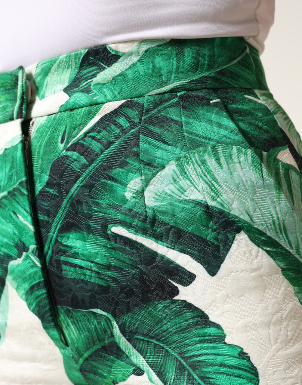 Dolce & Gabbana White Green Leaf High Waist Trousers Pants Wit