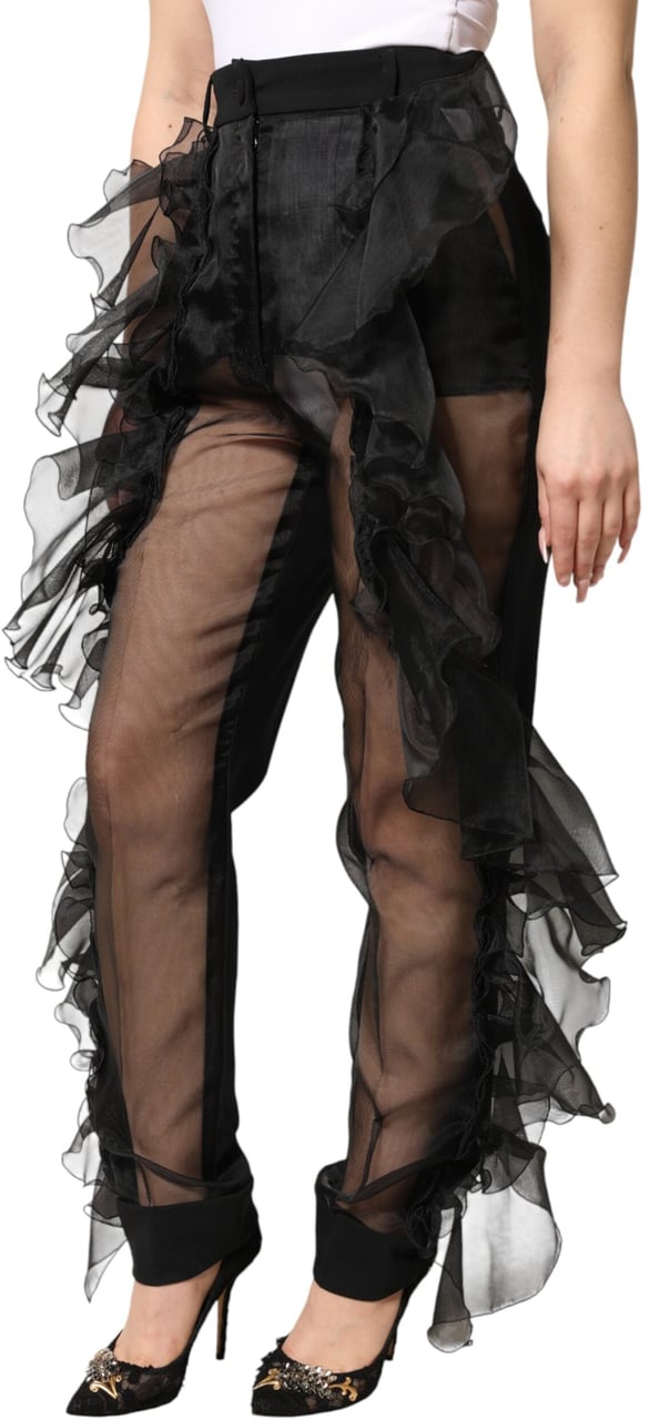 Dolce & Gabbana Black High Waist Tulle Wool Trouser Pants Zwart