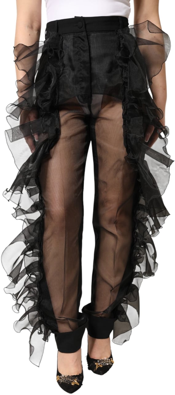 Dolce & Gabbana Black High Waist Tulle Wool Trouser Pants Zwart