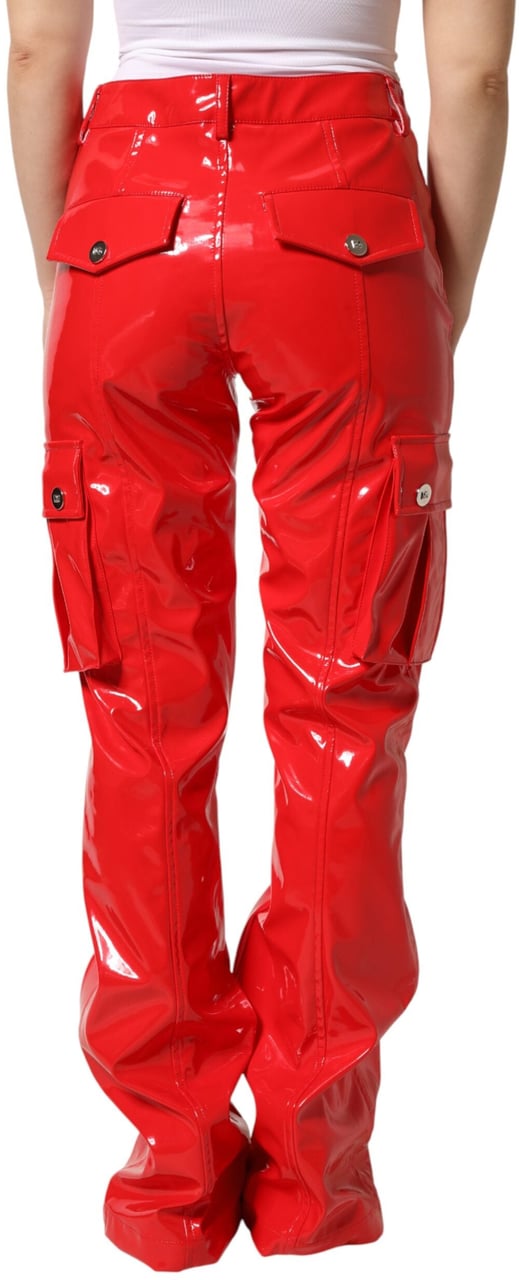Dolce & Gabbana Red Glossy Polyester Cargo Boot Cut Pants Rood