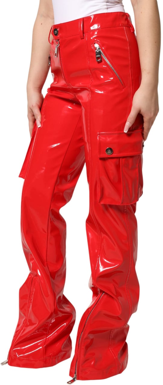 Dolce & Gabbana Red Glossy Polyester Cargo Boot Cut Pants Rood