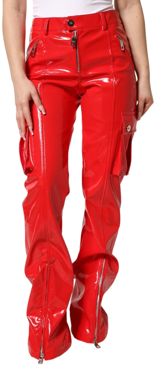 Dolce & Gabbana Red Glossy Polyester Cargo Boot Cut Pants Rood