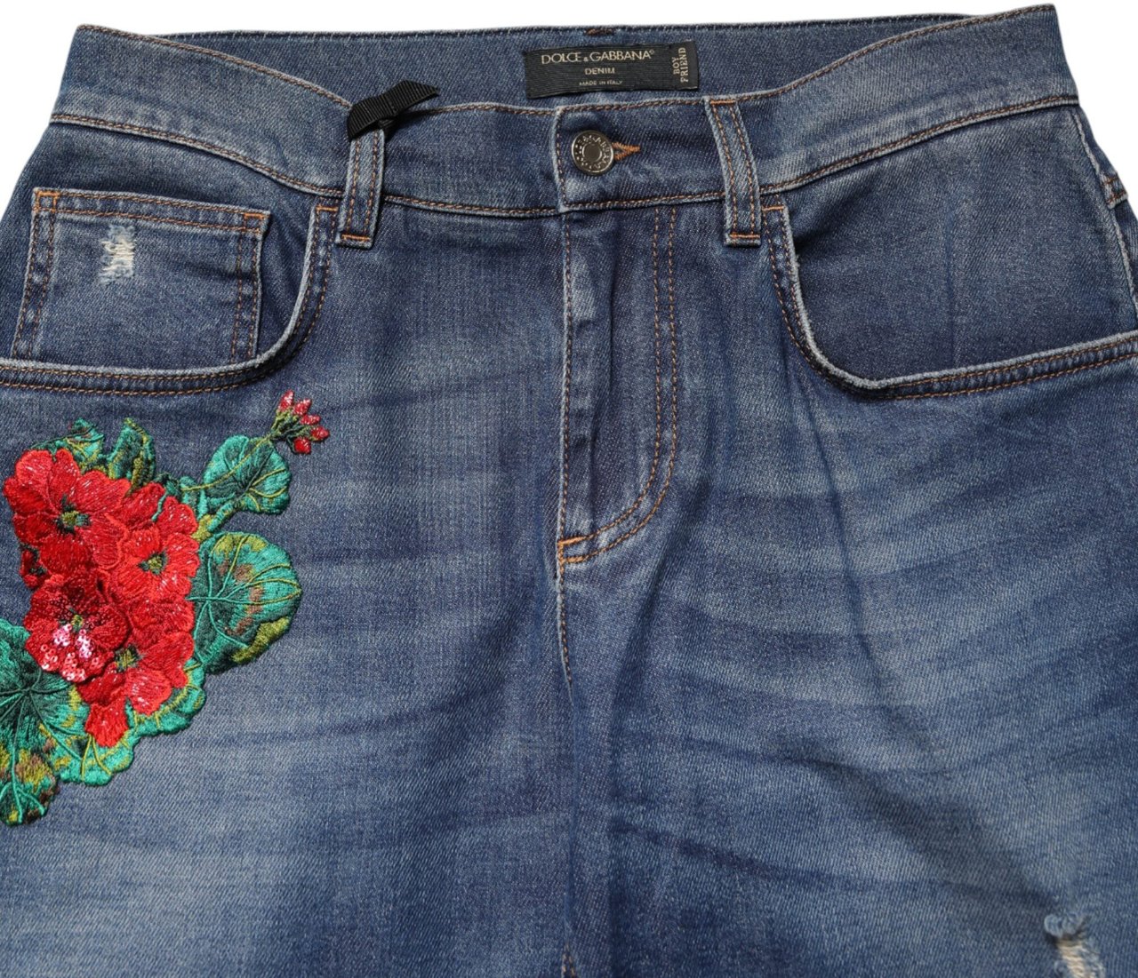 Dolce & Gabbana Blue Floral Embroidered BOYFRIEND Denim Jeans Blauw