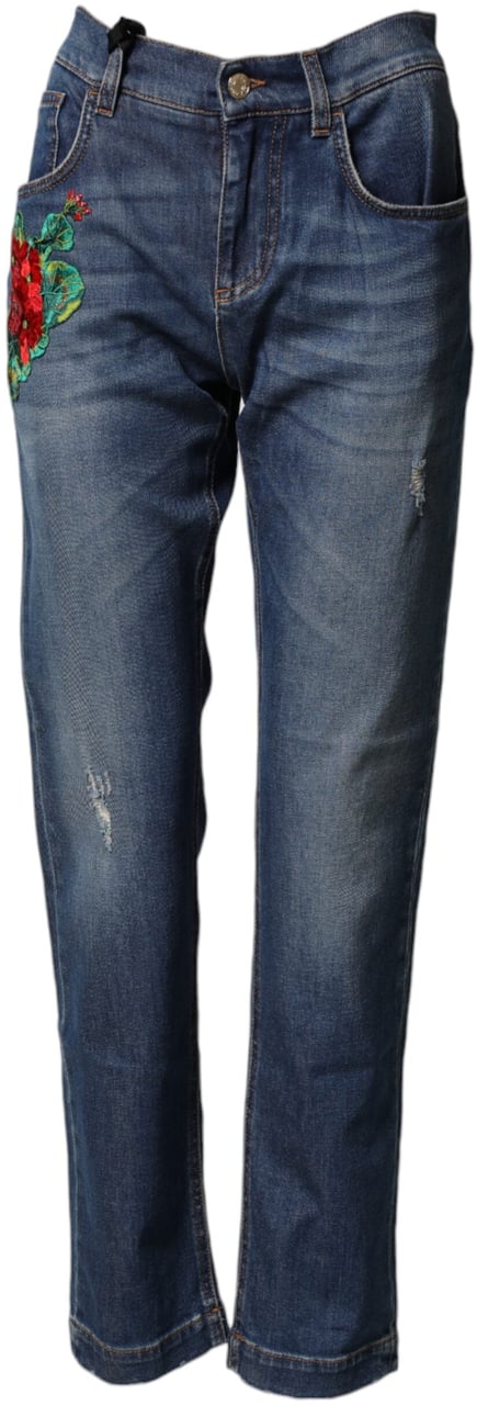 Dolce & Gabbana Blue Floral Embroidered BOYFRIEND Denim Jeans Blauw