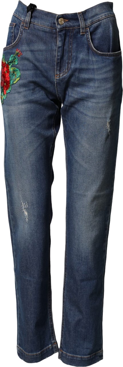 Dolce & Gabbana Blue Floral Embroidered BOYFRIEND Denim Jeans Blauw