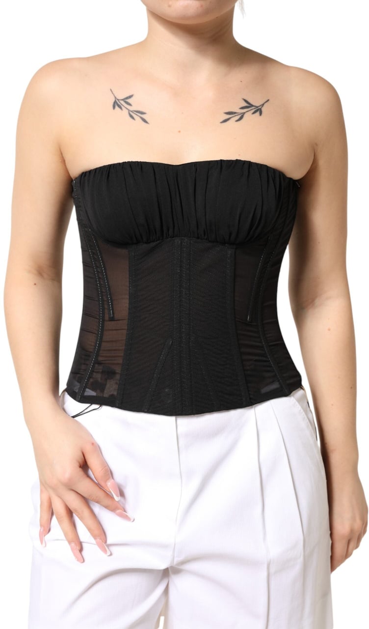 Dolce & Gabbana Black Silk Lace Bustier Corset Strapless Top Zwart