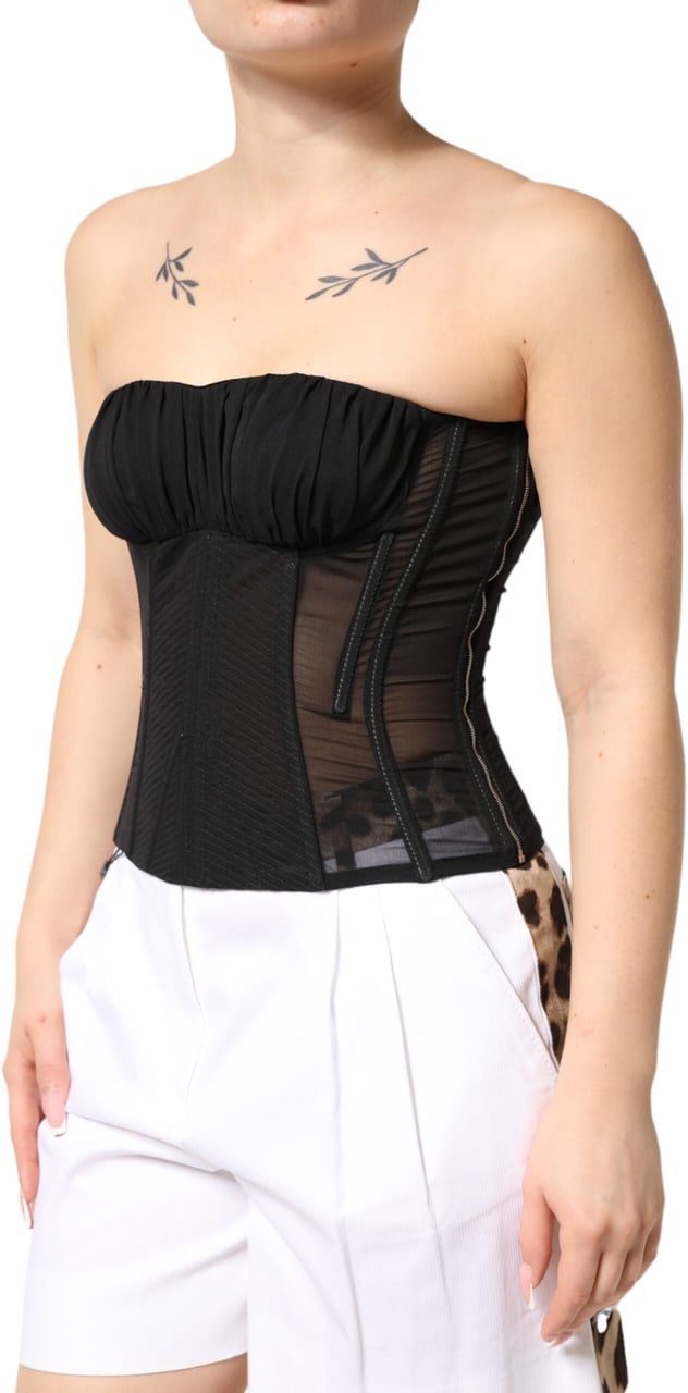 Dolce & Gabbana Black Silk Lace Bustier Corset Strapless Top Zwart