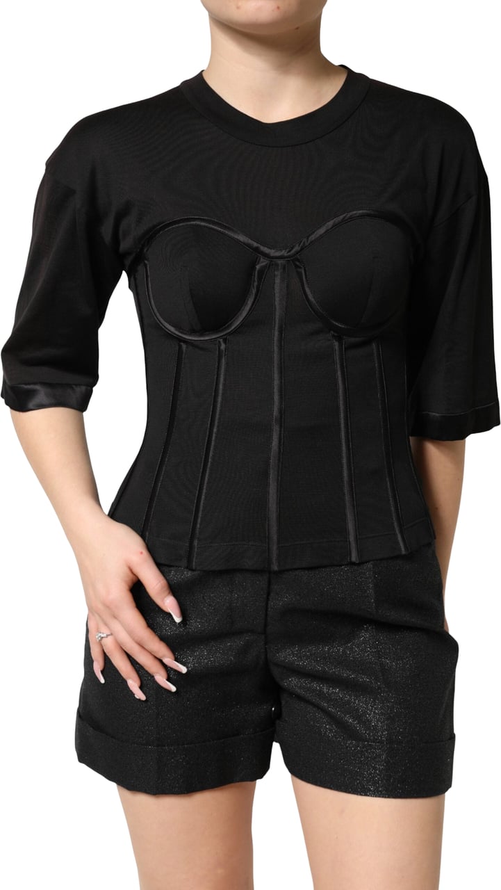 Dolce & Gabbana Black Cotton Bustier Corset Short Sleeves T-shirt Groen
