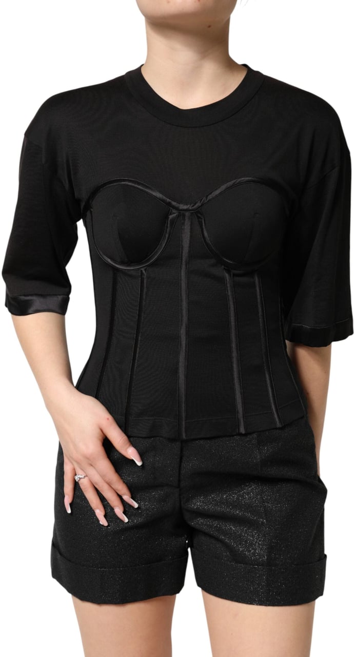 Dolce & Gabbana Black Cotton Bustier Corset Short Sleeves T-shirt Groen