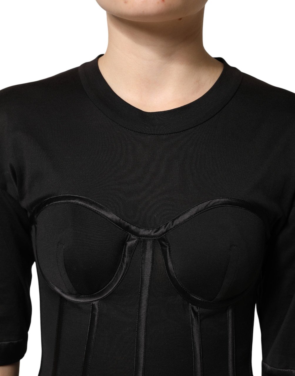 Dolce & Gabbana Black Cotton Bustier Corset Short Sleeves T-shirt Groen