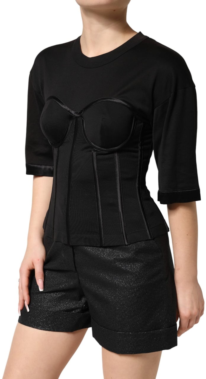 Dolce & Gabbana Black Cotton Bustier Corset Short Sleeves T-shirt Groen