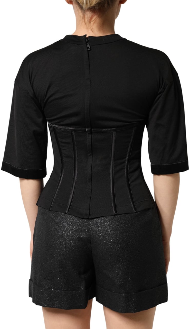 Dolce & Gabbana Black Cotton Bustier Corset Short Sleeves T-shirt Groen