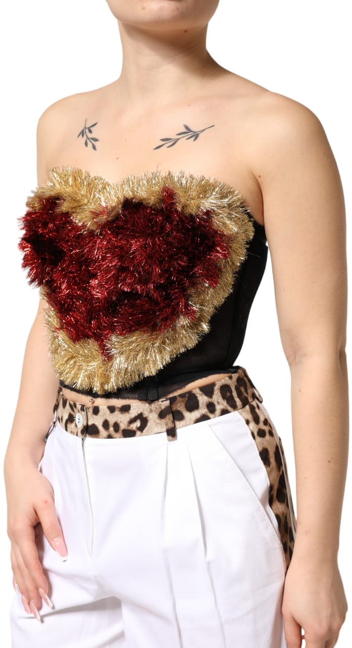 Dolce & Gabbana Black Gold Heart Bustier Corset Tinsel Top Zwart
