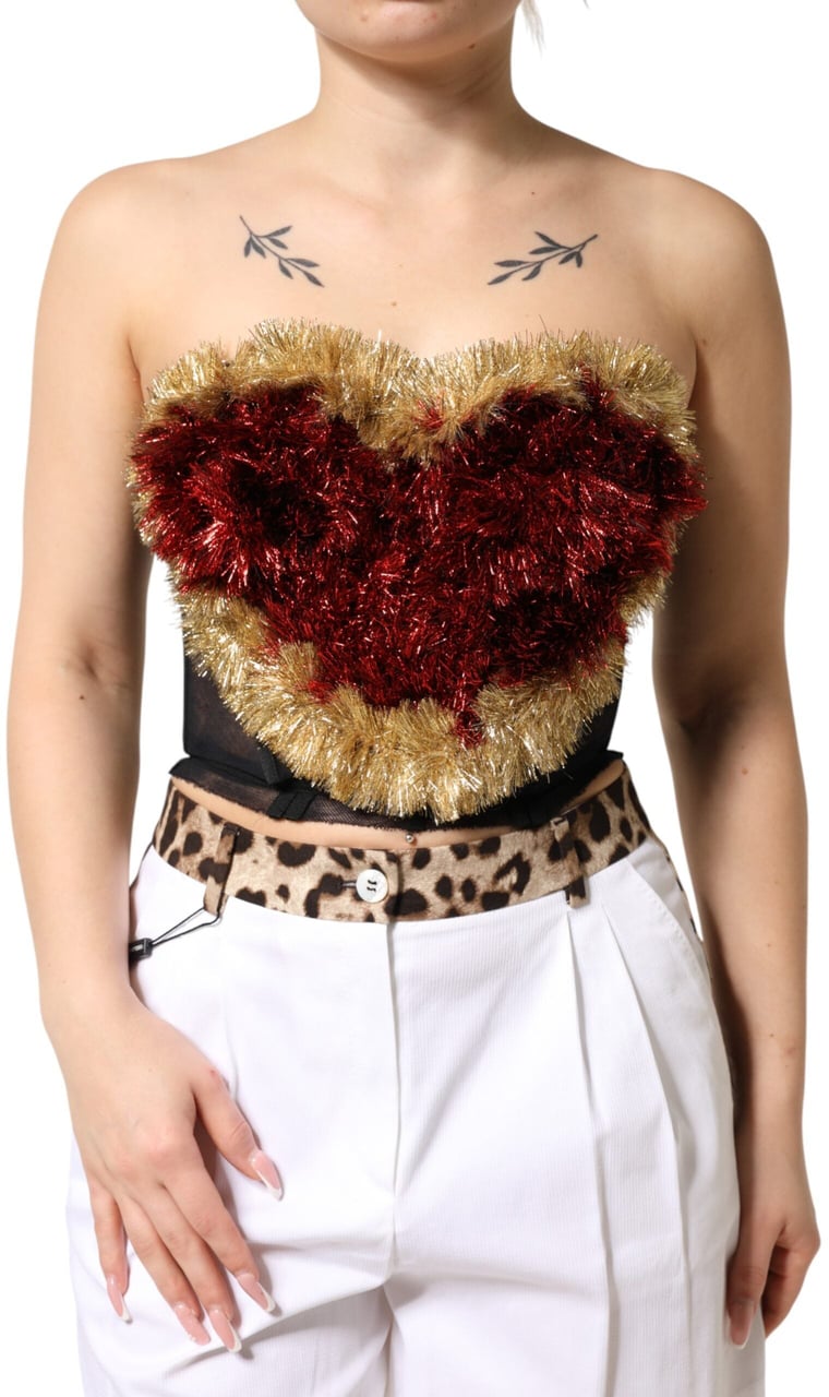 Dolce & Gabbana Black Gold Heart Bustier Corset Tinsel Top Zwart