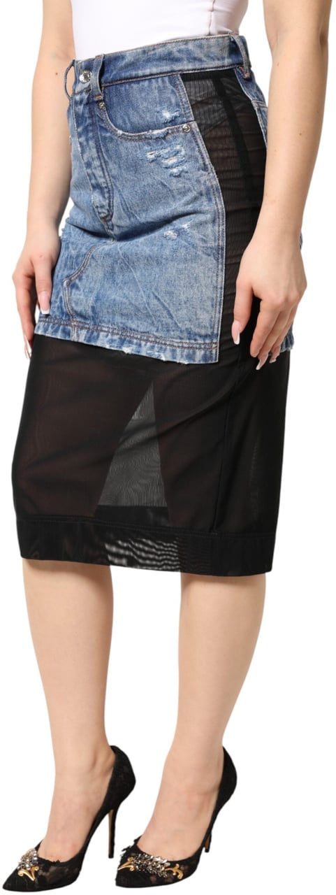 Dolce & Gabbana Blue Black Cotton Denim Sheer Midi Skirt Zwart