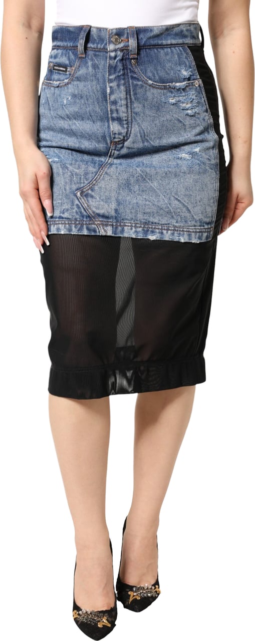 Dolce & Gabbana Blue Black Cotton Denim Sheer Midi Skirt Zwart