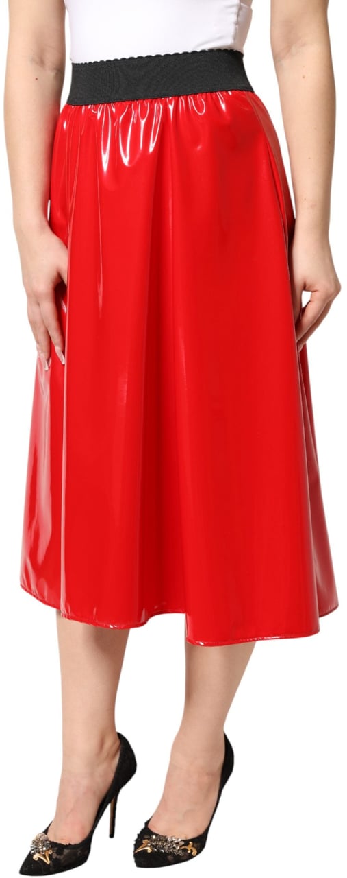 Dolce & Gabbana Glossy Red Polyester High Waist Midi Skirt Rood