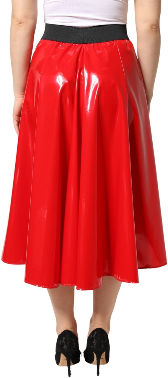 Dolce & Gabbana Glossy Red Polyester High Waist Midi Skirt Rood