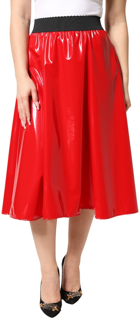 Dolce & Gabbana Glossy Red Polyester High Waist Midi Skirt Rood