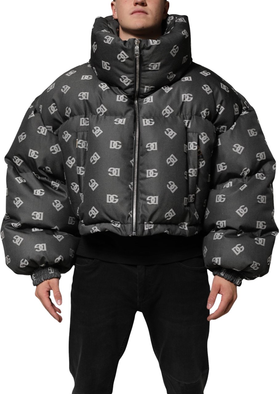 Dolce & Gabbana Black DG Monogram Full Zip Puffer Men Jacket Zwart