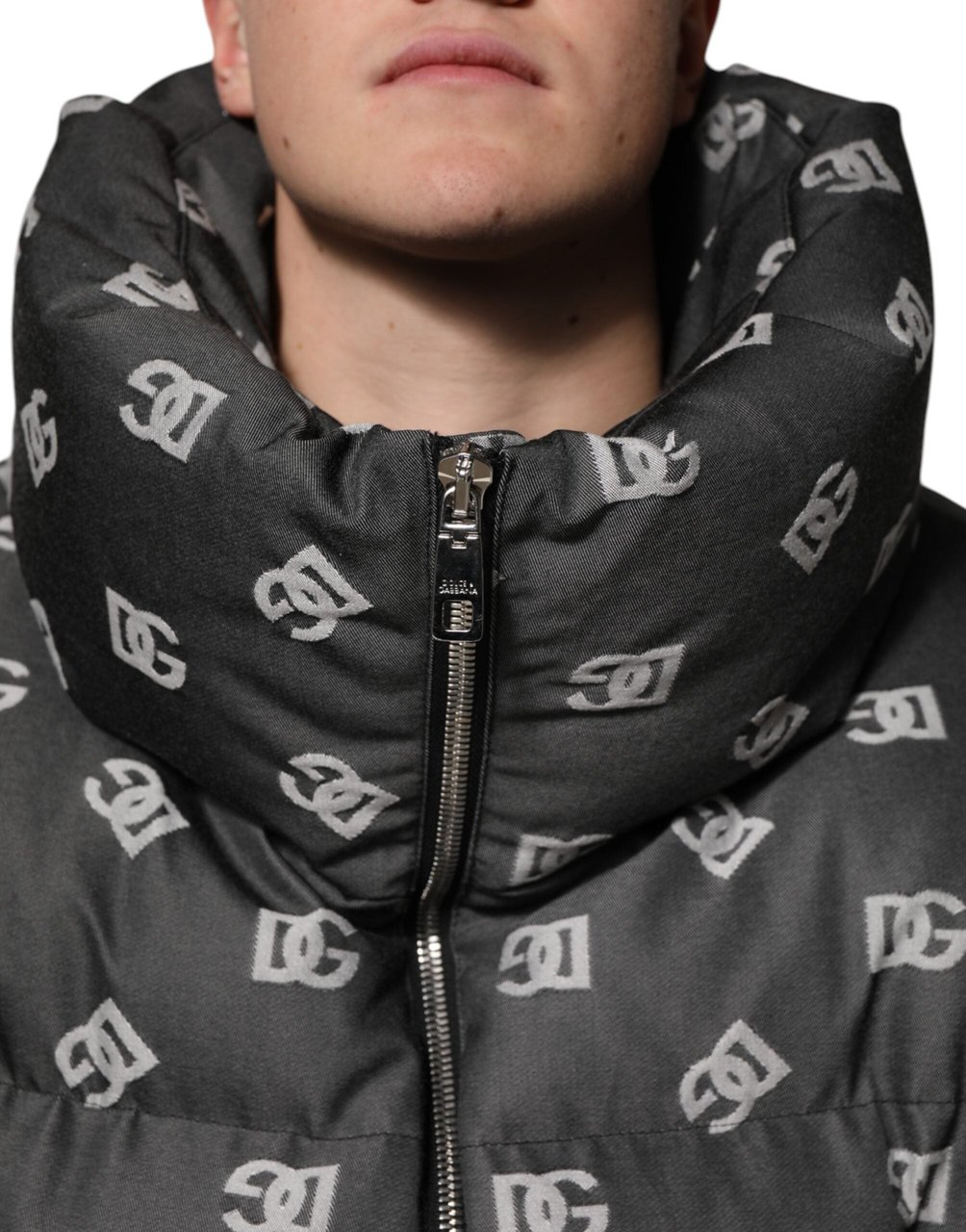 Dolce & Gabbana Black DG Monogram Full Zip Puffer Men Jacket Zwart