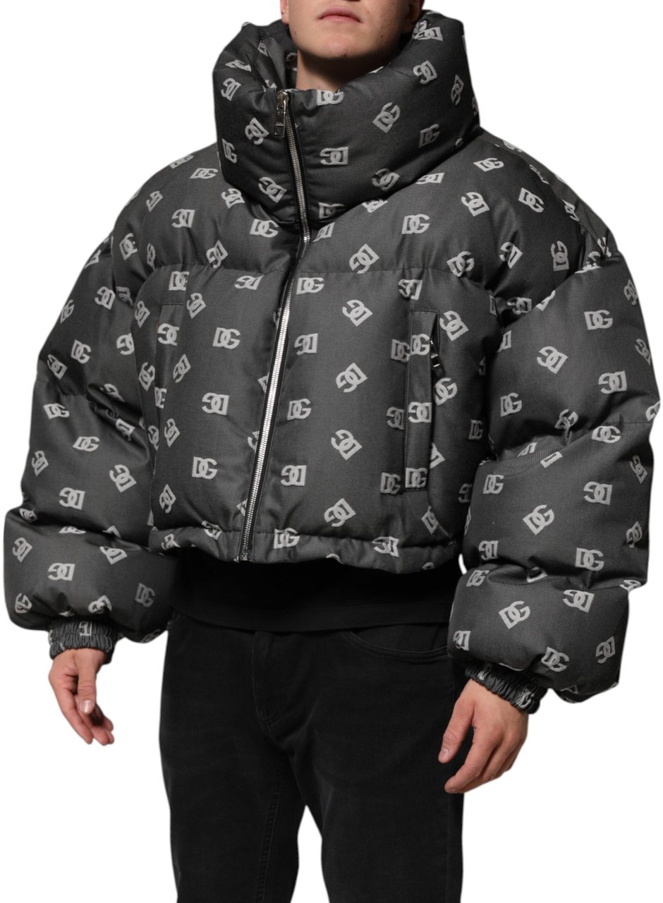 Dolce & Gabbana Black DG Monogram Full Zip Puffer Men Jacket Zwart