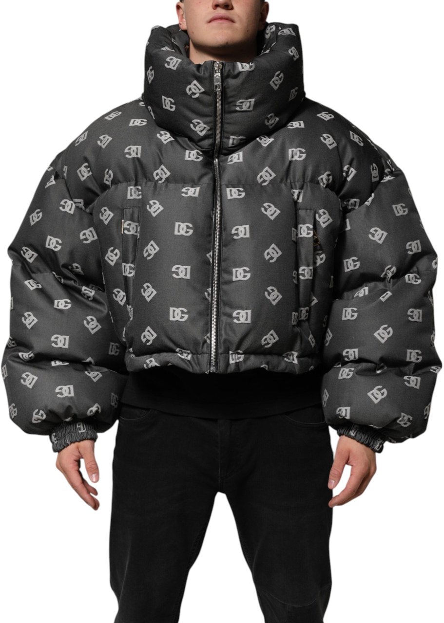 Dolce & Gabbana Black DG Monogram Full Zip Puffer Men Jacket Zwart