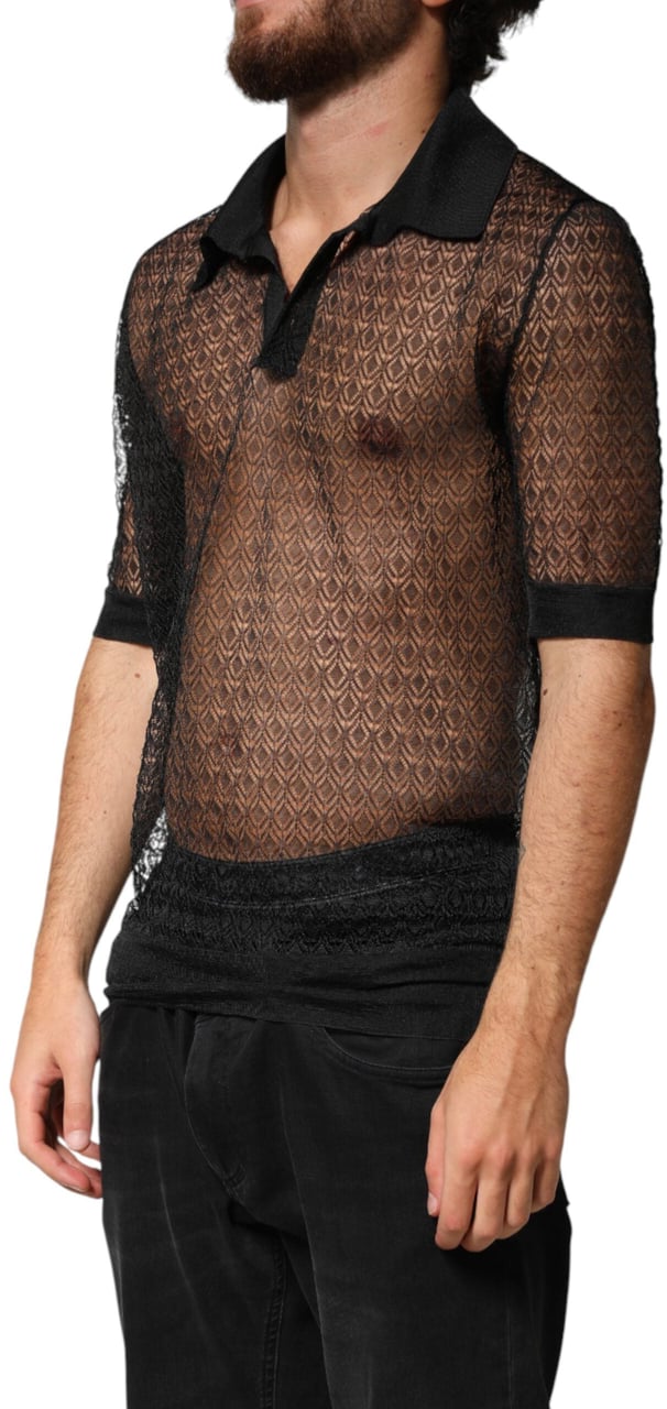 Dolce & Gabbana Black Sheer Short Sleeves Casual Polo Top Zwart