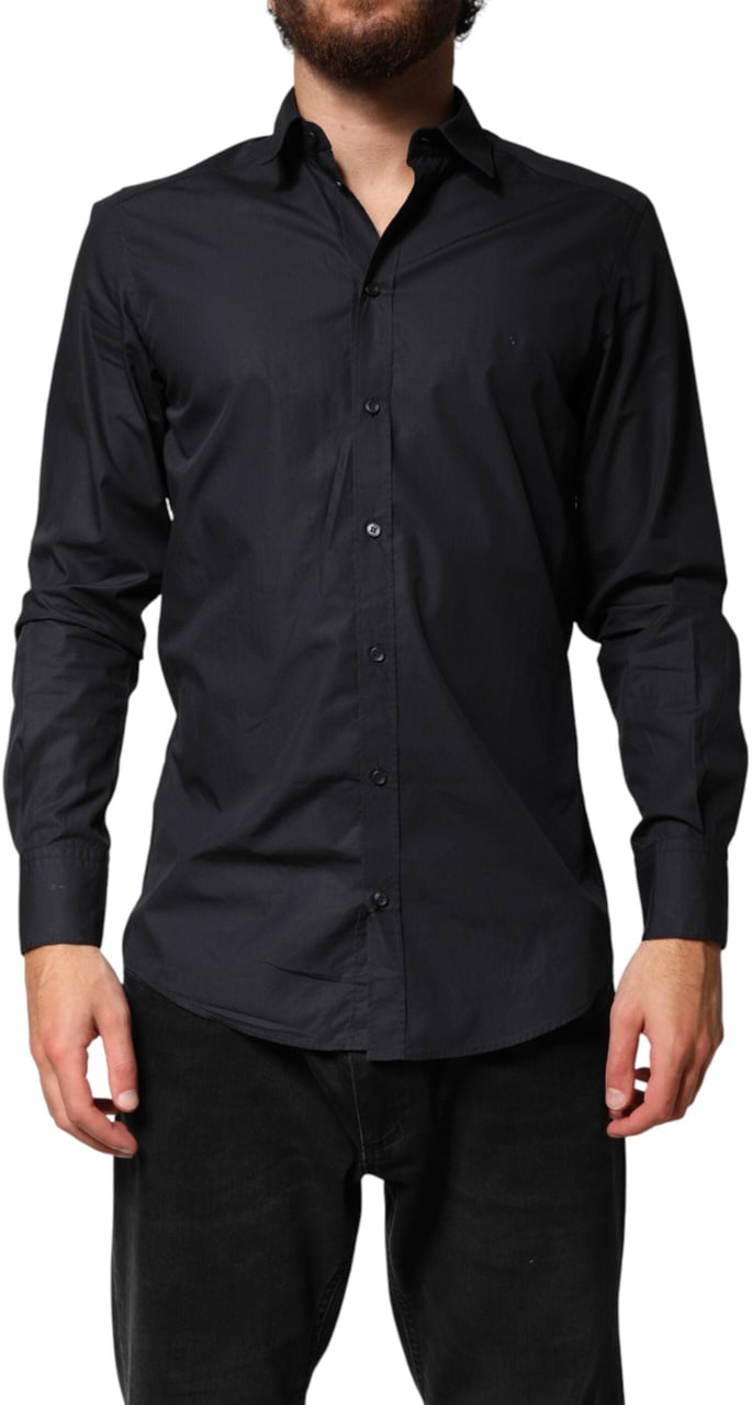 Dolce & Gabbana Black Cotton Long Sleeves Dress Formal Shirt Zwart