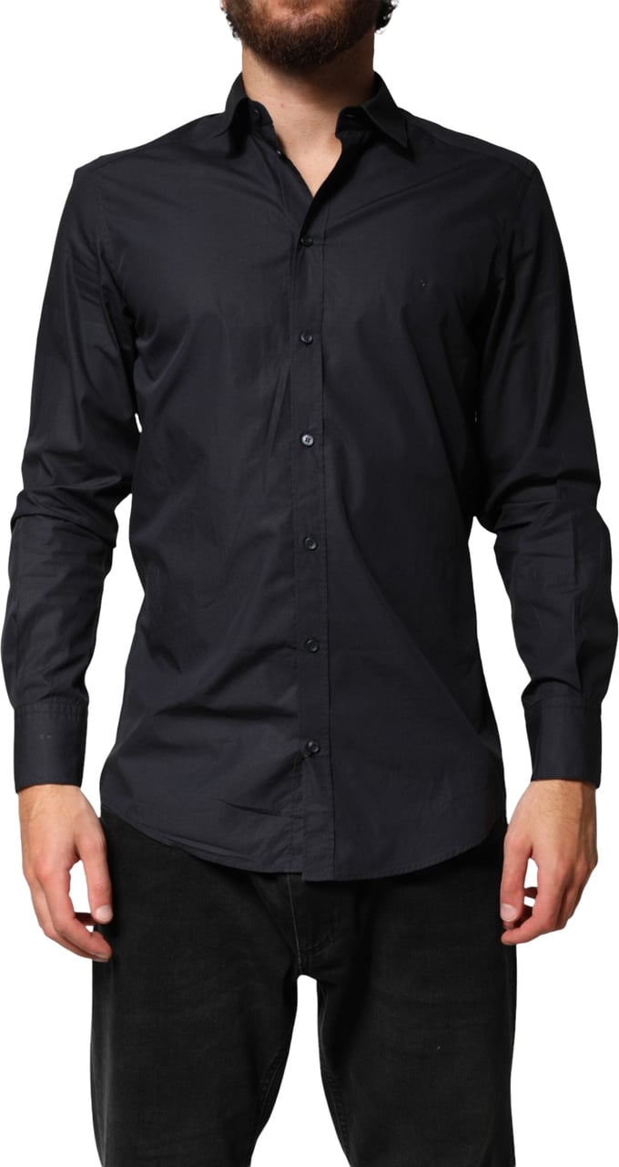 Dolce & Gabbana Black Cotton Long Sleeves Dress Formal Shirt Zwart