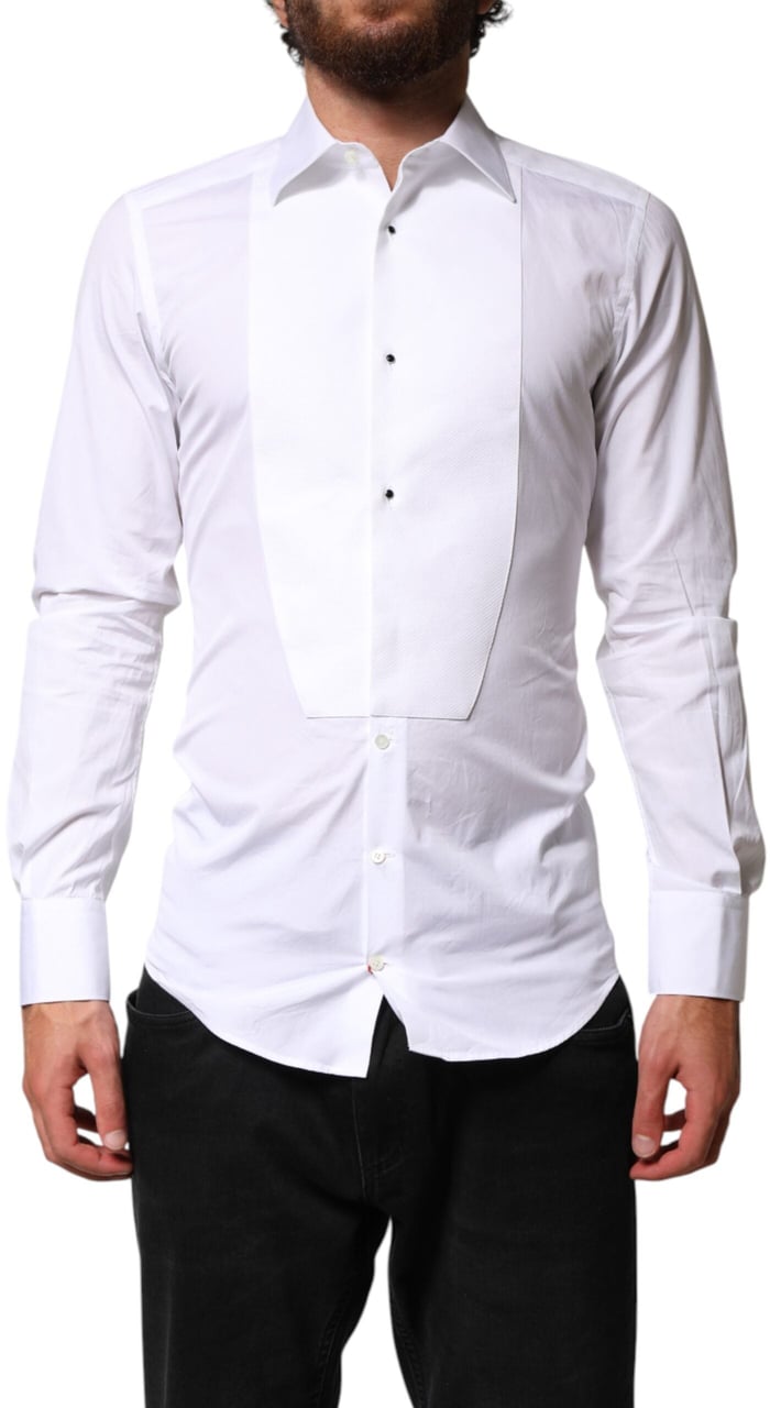 Dolce & Gabbana White Cotton GOLD Collared Dress Bib Formal Shirt Goud
