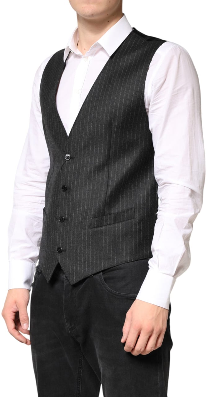 Dolce & Gabbana Black Stripes Wool Dress Men Waistcoat Vest Zwart