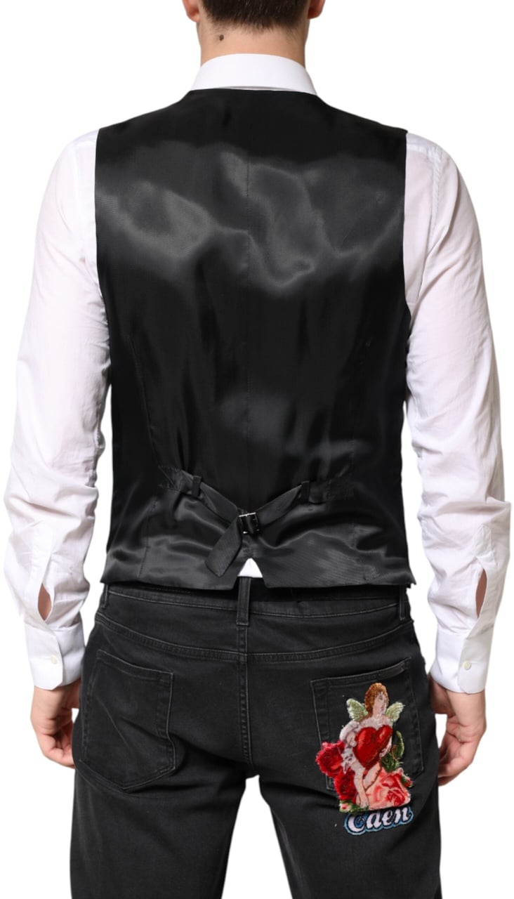 Dolce & Gabbana Black Stripes Wool Dress Men Waistcoat Vest Zwart